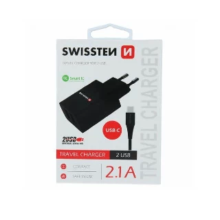 Swissten punjač 2x USB 2,1A+ kabl Type C 1,2m crna