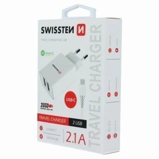 Swissten punjač 2x USB 2,1A+ kabl Type C 1,2m bela