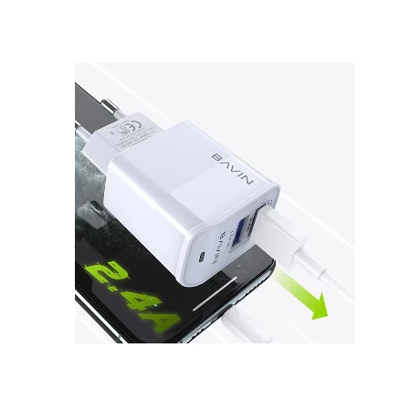 BAVIN punjač 2xUSB-A 2,4A +kabl lightning bela