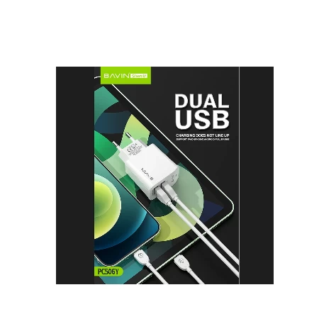 BAVIN punjač 2xUSB-A 2,4A +kabl lightning bela- PC255Y