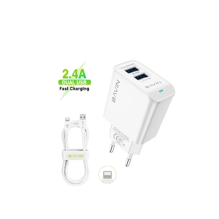 BAVIN punjač 2xUSB-A 2,4A +kabl lightning bela- PC255Y