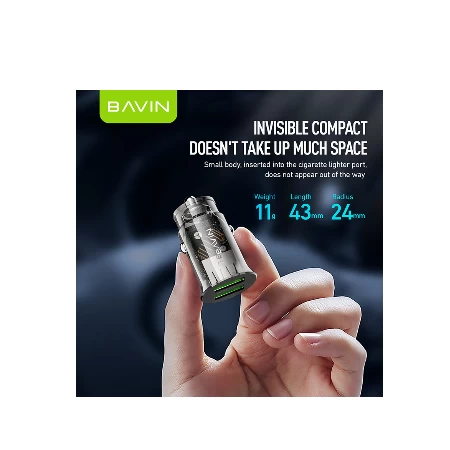 Bavin auto punjač 2.4A Dual 2xUSB-A + kabl type-A na type-C crna