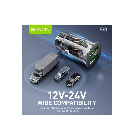 Bavin auto punjač 2.4A Dual 2xUSB-A + kabl type-A na type-C crna