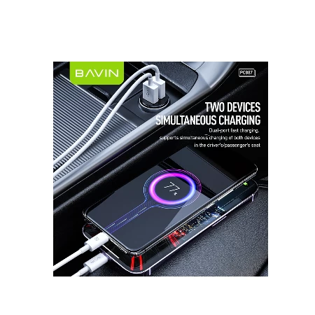 Bavin auto punjač 2.4A Dual 2xUSB-A + kabl type-A na type-C crna