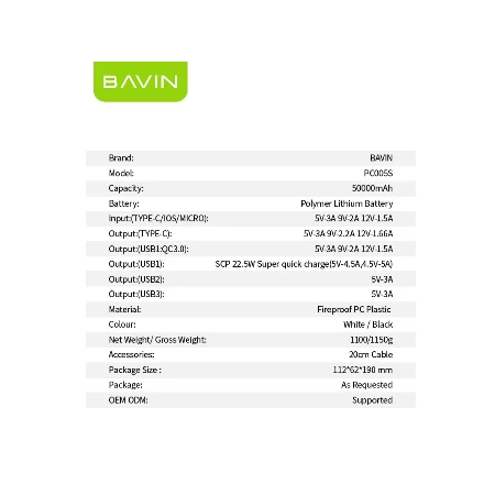 Bavin Power Bank 50000mAh 22.5W crna