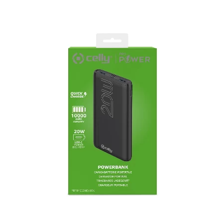Celly power bank 10000 mAh 20W + kabl Type-A na Type-C crna