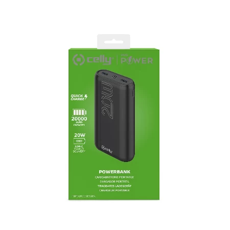 Celly power bank 20000 mAh 20W + kabl Type-A na Type-C crna