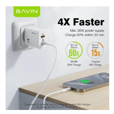 Bavin punjač 36W USB-A + USB-C bela