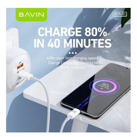 Bavin kabl 60W Type C na Type C 1m bela - CB274