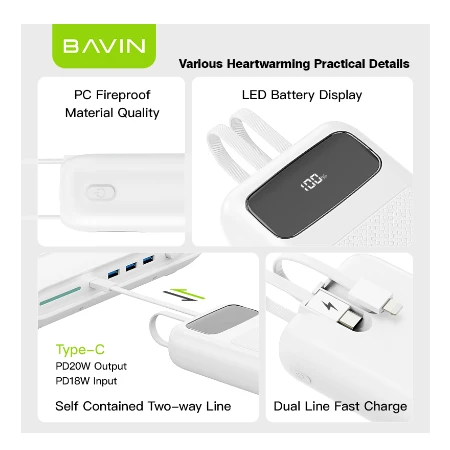 Bavin Power bank 20000mAh 22,5W  Type C & Ligtning  kabl