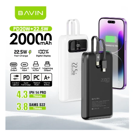 Bavin Power bank 20000mAh 22,5W  Type C & Ligtning  kabl