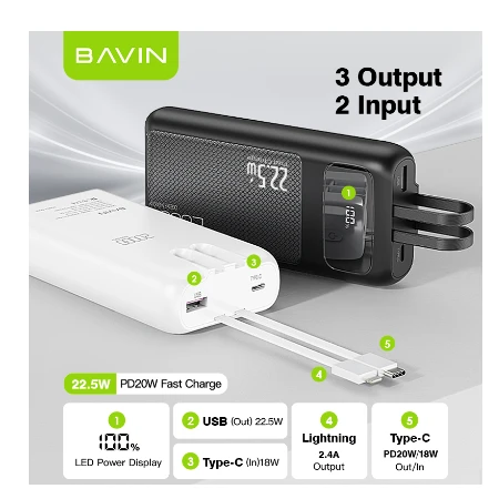 Bavin Power bank 20000mAh 22,5W  Type C & Ligtning  kabl