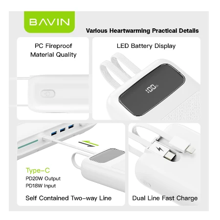 Bavin Power bank 20000mAh 22,5W  Type C & Ligtning  kabl