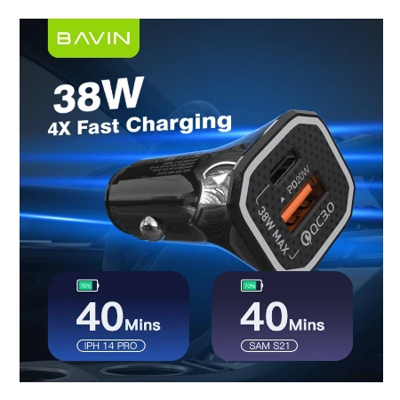 Bavin Auto punjač 20W PD QC3,0 USB&Type C bela