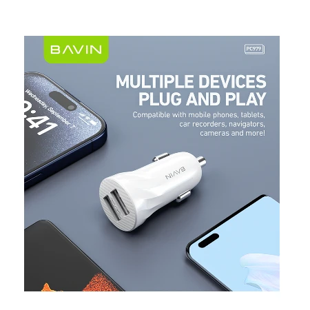 Bavin Auto punjač 2xUSB + kabl Micro crna