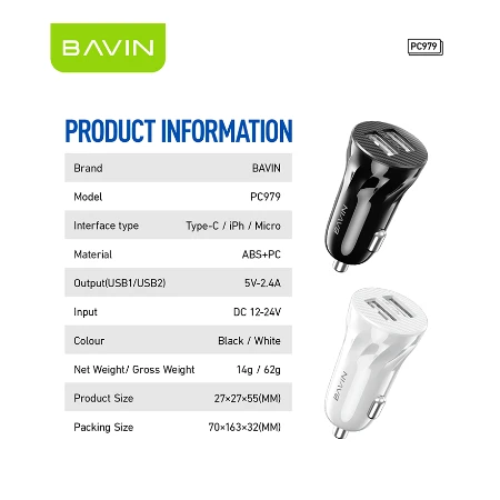 Bavin Auto punjač 2xUSB + kabl Micro crna