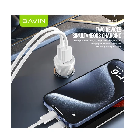 Bavin Auto punjač 2xUSB + kabl Type-C crna