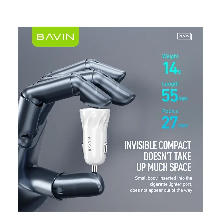 Bavin Auto punjač 2xUSB + kabl Type-C crna