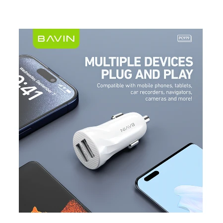 Bavin Auto punjač 2xUSB + kabl Type-C crna