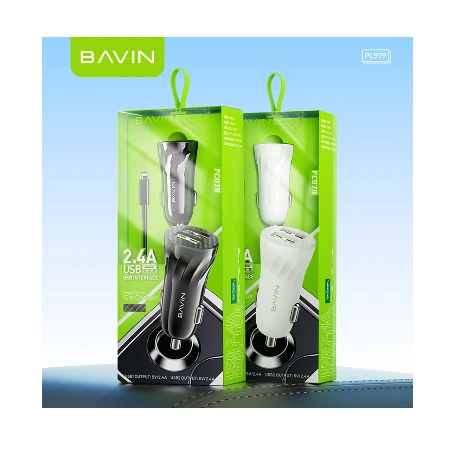 Bavin Auto punjač 2xUSB + kabl Type-C crna