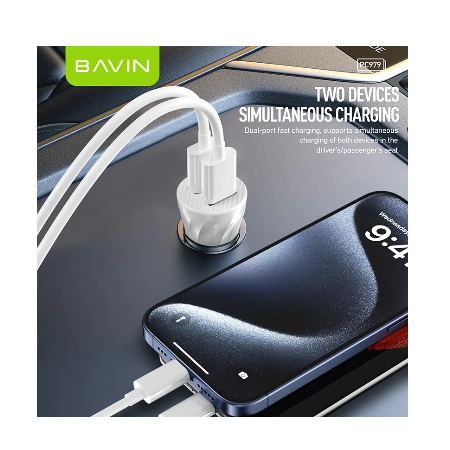 Bavin Auto punjač 2xUSB + kabl Lightning crna