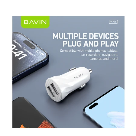 Bavin Auto punjač 2xUSB + kabl Lightning crna