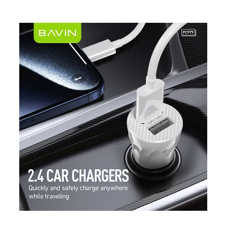 Bavin Auto punjač 2xUSB + kabl Lightning crna