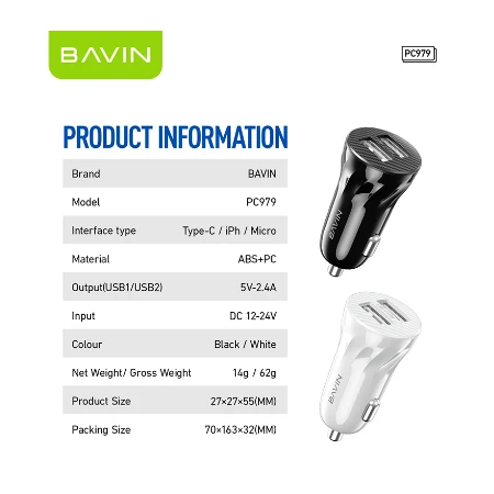 Bavin Auto punjač 2xUSB + kabl Lightning crna