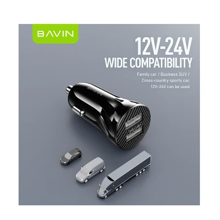 Bavin Auto punjač 2xUSB + kabl Lightning crna