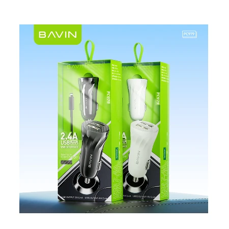 Bavin Auto punjač 2xUSB + kabl Lightning crna