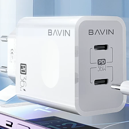 Bavin punjač 36W 2x Type-C bela