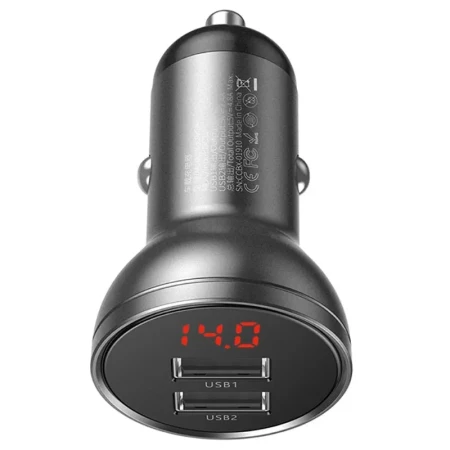 Baseus Auto punjač 2*Usb A 24W Digital Display crna