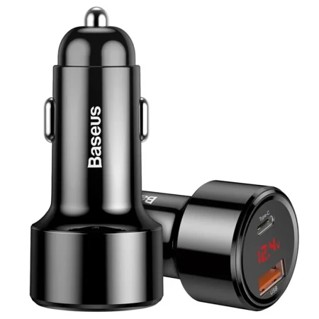 Baseus Autopunjač Usb A/Type C PD+QC Led display 45W crna