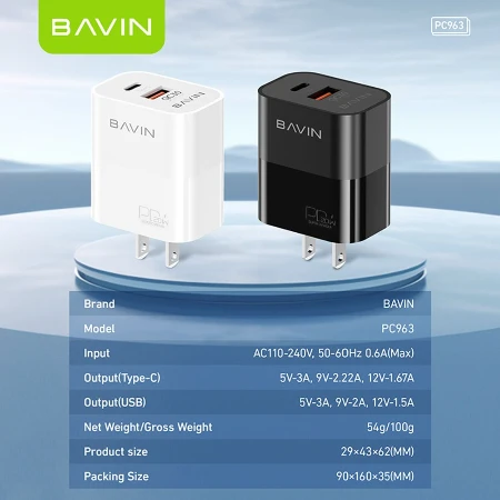 Bavin punjač 20W PD  Usb A/Type C + kabl C-IOS  PC963Y-PD crna