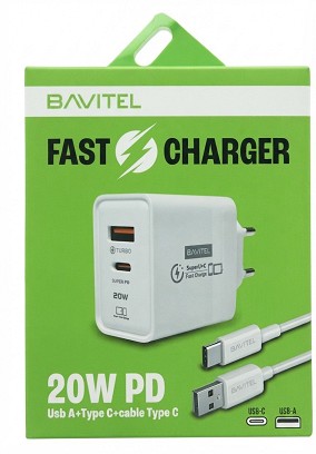 Bavitel punjač 20W PD Usb A+ Type C +kabl Usb A/ Type C bela