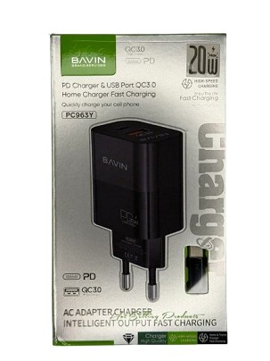 Bavin punjač 20W PD  Usb A/Type C + kabl C-C  PC963Y-CC crna